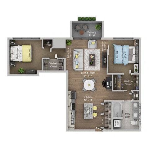 Floor plan for 2 beds, 1 bath, 930 sqft